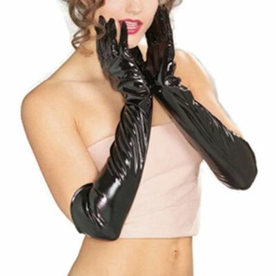 Mujeres Sexy Negro PU Imitación Cuero Látex Aspecto Húmedo Largos Ópera Codo Noche Guantes Foto 1 de 4