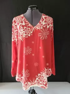 Womens Red Christmas Tunic V-Neck Pullover Long Sleeve Blouse Top L Snowflake - Picture 1 of 10
