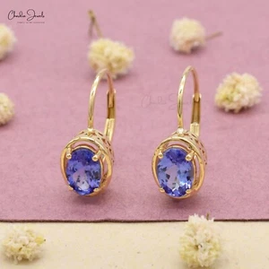 Natural Tanzanite Dangle Earrings 14k Yellow Gold Gemstone Lever Back Earring - Picture 1 of 10