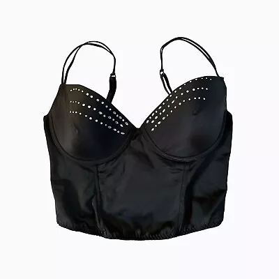 Sujetador Corsé Bustier Vintage Negro Satinado 38C Tachonado Estrás Top Corto Y2K Pinup Foto 1 de 4