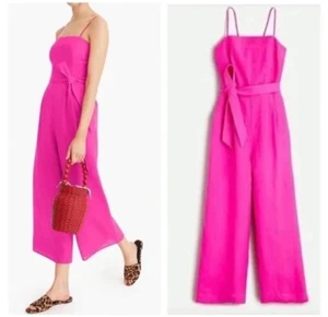 FLAW J. Crew Linen Jumpsuit Tie Waist Women’s Neon Hot Pink Wide Leg Cropped 0P - Picture 1 of 11