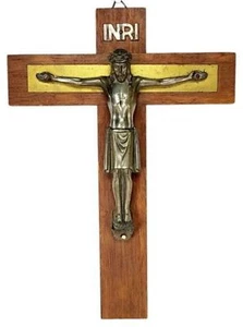 Vintage Wood Brass Crucifix Wall Mounted Cross Jesus Christ Catholic Church 10" - Picture 1 of 9