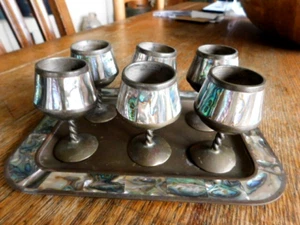 Vintage Alpaca Mexico Brass MOP Cordial Cocktail Shot Glasses Tray Set of 6 - Picture 1 of 6