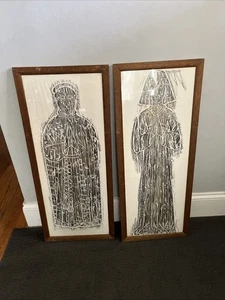 Mid Century Modern Home Decor Brass Rubbing Framed Artwork set of 2. 15” X 38” - Picture 1 of 6