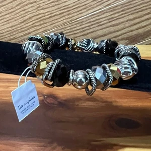 NEU Lia Sophia Kiam Kristall Glitzer Perlen Stretch Armband schwarz gold silberfarben - Bild 1 von 6