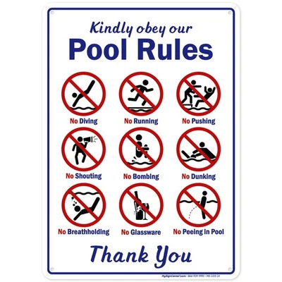 Letrero Kindly Our Pool Rules, 10x14 pulgadas, aluminio 0,040 libre de óxido, desvanecimiento... Foto 1 de 4