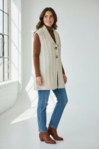 Vintage Eddie Bauer Pullover Weste lang Wolle Zopfmuster creme elfenbein Fischer Medium - Bild 1 von 6