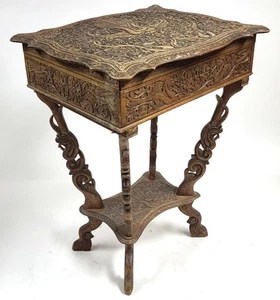 Antigua mesa de costura de madera tallada a mano de 25" con motivo de serpiente de pájaro colonial BE792 - Imagen 1 de 9