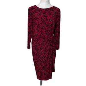 Evan Picone Black Label Red Black Floral Gathered Waist Long Sleeve Dress Sz XL - Picture 1 of 12