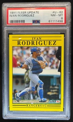 Actualización Fleer 1991 Iván Rodríguez novato RC #U-62 Rangers PSA 8 Foto 1 de 2