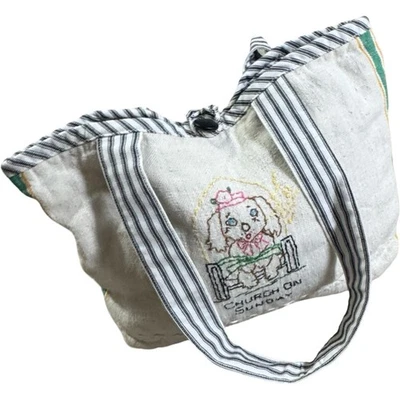 Handmade Embroidered Vtg Tea Towel Bag Purse Church Day Market Day Lined Coton - Image 1 of 4