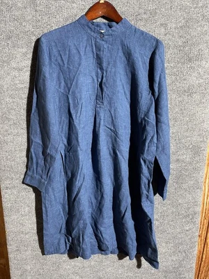 Vestido Eileen Fisher Mujer Medio Azul Lino Orgánico Cuello Mandarina Túnica Larga Foto 1 de 4
