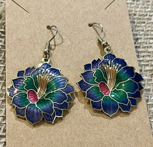 Orecchini Vintage Cloisonné Cinese Pendente Tondo Multicolore Fiore 1,75" Tono Oro - Foto 1 di 9