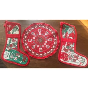 Vintage Set of (2) Woven Christmas Stockings with Placemat - Picture 1 of 9