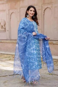 Indian Bollywood Blue Ethnic Floral Straight Kurta paint With Dupatta Suit setUK - Picture 1 of 5