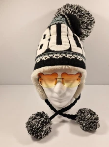 Beanie Unisex Amsterdam Winter Faux Fur Peruvian Pom Black and White - Picture 1 of 7