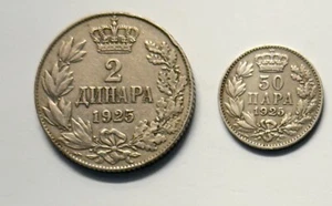 1925 Yugoslavia 2 Coins: 50 Para + 2 Dinara King Alexsandar I  1921-29 - Picture 1 of 3