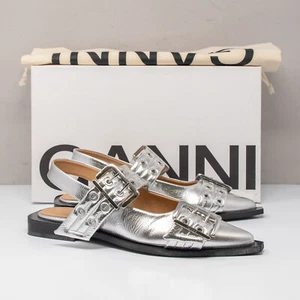 Ganni Silver Metallic Buckle Ballerina Slingback Mules, Size 39 (9 US) - Picture 1 of 7