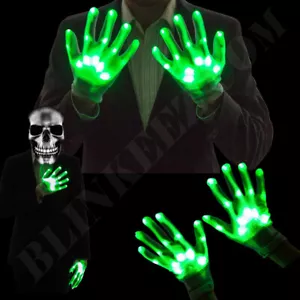 HALLOWEEN Xmas LED Gloves GREEN Flashing Light Up Fingers Dance Gloves Party - Picture 1 of 12
