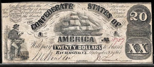 1861 CSA CONFEDERATE STATES AMERICA CURRENCY $20 DOLLAR NOTE T18 PF-25 Cr. 133 - Picture 1 of 2