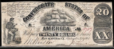 1861 CSA CONFEDERATE STATES AMERICA CURRENCY $20 DOLLAR NOTE T18 PF-25 Cr. 133 - Image 1 of 2