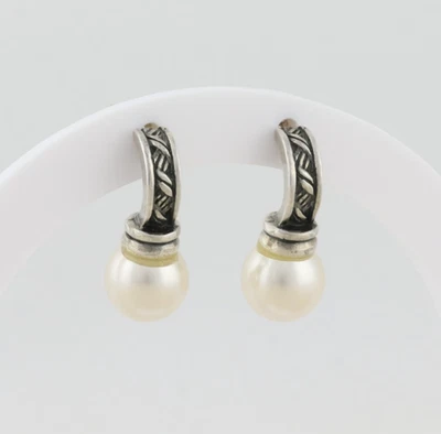 Sterling Silver Simulated Pearl Earrings Drop Earrings 7/8" x 3/8" - Image 1 of 4