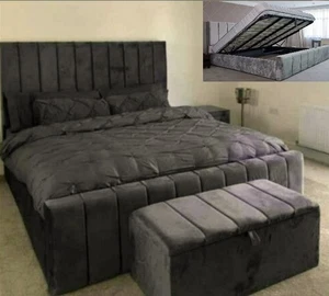 Velvet Ottoman Storage Bed Frame Double King | Gas Lift – Free Delivery UK Stock - Picture 1 of 18