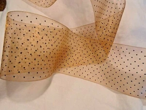 3" SHEER ORGANDY RIBBON- PEACH W/ BLACK POLKA DOTS - JAPAN-woven edge - Picture 1 of 3