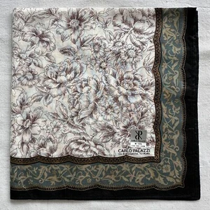 Handkerchief Cotton Elegant VTG Line Art Floral Border Green Pocket Square 16.5" - Picture 1 of 3