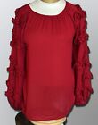 Oddy Blouse M Red Solid Long Decorated Sleeve Crewneck Crinkled Fabric Spring