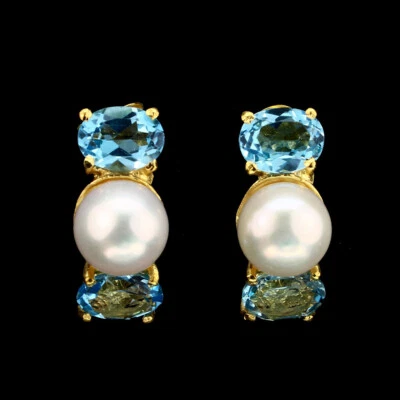 925 Sterling Silver Earrings Oval Swiss Blue Topaz 8x6mm Pearl Gemstone Jewelry - Image 1 of 4