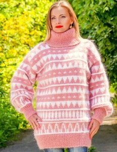 Pink Norwegian mohair sweater Nordic jumper hand knit fuzzy pullover SUPERTANYA - Picture 1 of 10