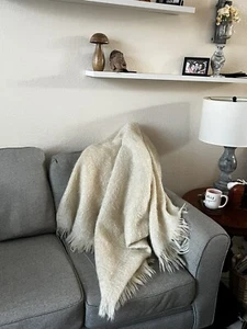 VINTAGE FRENCH OURSON MOHAIR WOOL THROW BLANKET WHITE LRG MADE IN FRANCE 180X220 - Picture 1 of 8