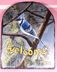 VTG Tole Folk Art Hand Painted Picture Bluejay Welcome Design Slate 8"X10" Signd - Picture 1 of 6