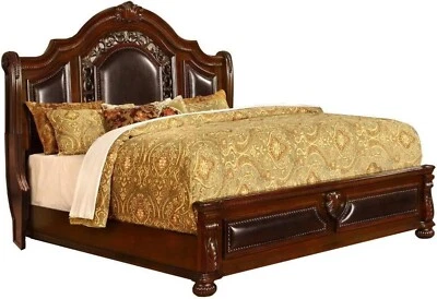 Traditional Wooden Cal King Size Bed Frame w/ Faux Leather Headboard Footboard - Image 1 of 4