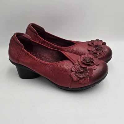 Zapatos sin cordones Socofy para mujer de cuero florales cómodos zapatos rojos de tacón talla 8 (250) Foto 1 de 4