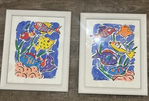 Vintage Sally Huss Signed White Framed and Matted Colorful Fish Print Art Set 2 - Picture 1 of 7
