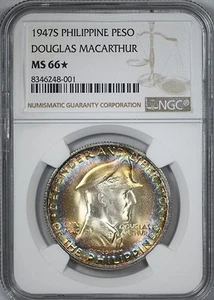 Filipinas 1947-S 1 peso NGC MS66* estrella - Douglas MacArthur - ¡TONIFICADO ARCO IRIS! - Imagen 1 de 5