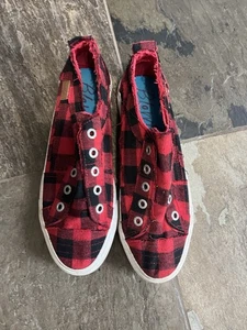 Blowfish Malibu Damenschuhe 11 M Play schnürlose Slipper kariert Turnschuhe rot schwarz - Bild 1 von 5