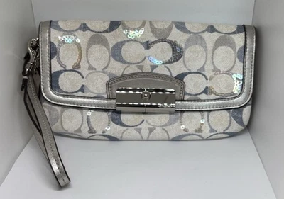 Coach Y2K Sequin Op Art Canvas purse clutch wristlet Blue, Gray, Tan VG - Image 1 of 4