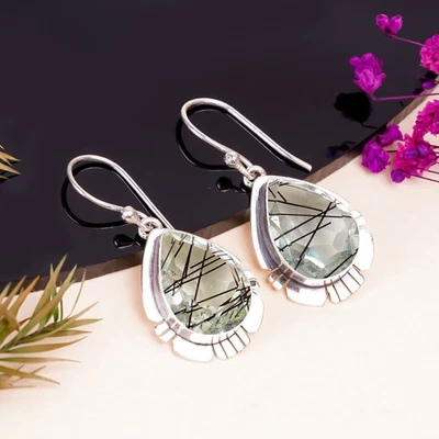 Black Rutilated Quartz 925 Sterling Silver Earring, Christmas Gift, E14434 - Image 1 of 4