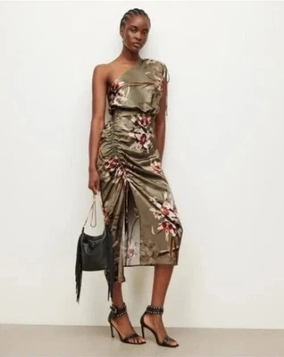 $329 AllSaints Ira Dorada Silk Asymmetrical One Shoulder Midi Dress Size 8 - Image 1 of 4
