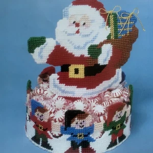 Santa & Elves Candy Dish Needlepoint Plastic Canvas Kit Bucilla Unworked - Picture 1 of 10