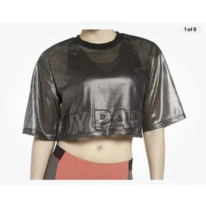 T-shirt Ivy Park Beyonce argento maglia metallizzata logo crop taglia XXS jersey boxy - Foto 1 di 8