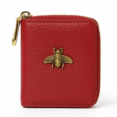 红色皮革拉链卡夹钱包带金色蜜蜂徽章-手风琴内部 — 第 1/3 张图片