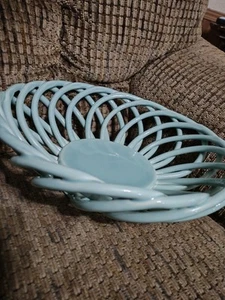 Eucalyptus Stoneware Woven Basket Ceramic Fruit Bread Basket 10.5" Blue USA Made - Picture 1 of 7