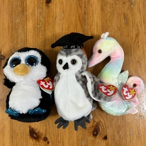 TY Original Beanie Seahorse Wiser The Owl (99), Boo's Waddles ,The Penguin 2001 - Picture 1 of 9