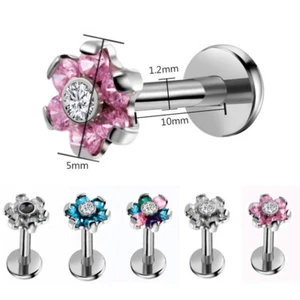 6mm-12mm Bar Length Flower Zircon Labret Internal Thread Ring Ear Stud Piercing - Picture 1 of 9