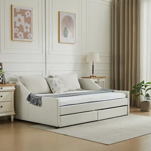 Full Size Daybed Upholstered Bed Frame Sofa Bed w/ 2 Storage Drawers Gray/Beige - Picture 1 of 48