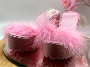 Sandals Women 37 Pink Fluffy Plush Chunky Ankle Strap Shoes Size 4 - Picture 1 of 7
